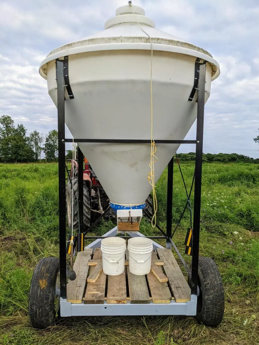 Completed transport trailer for delivering feed to pasture raised chickens.