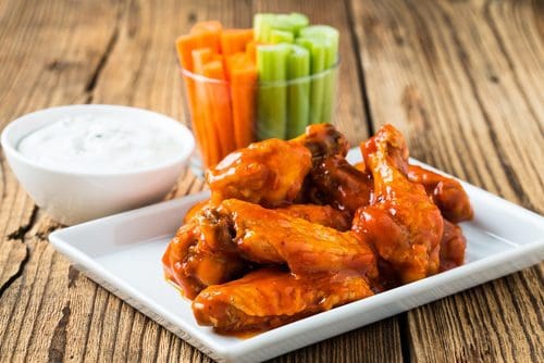 Pasture raised and Certified Organic Buffalo-style chicken wings from Wrong Direction Farm.