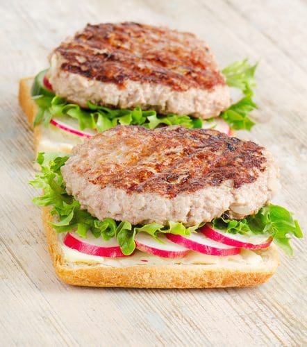 Certified Organic, pasture raised ground turkey cooked into patties on open faced sandwiches.