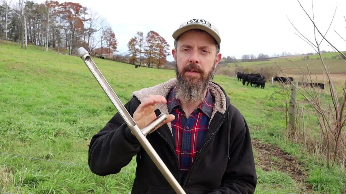 Dave collecting soil samples on our pastures with the grass fed beef herd in the background.