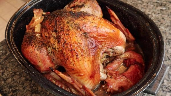 Roasted Pasture Raised Certified Organic Turkey in Roasting Pan