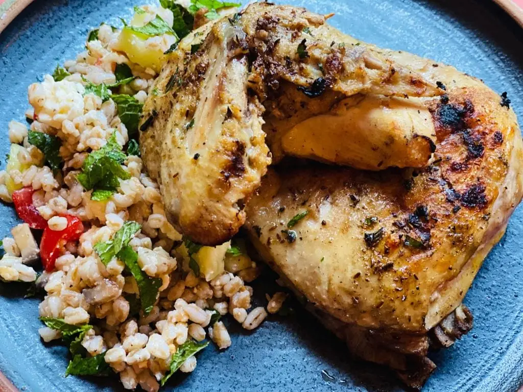 Grilled Spatchcocked Chicken with Farro Salad