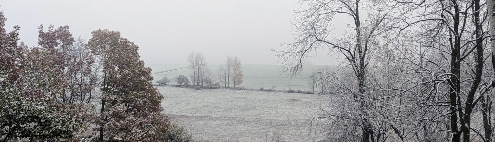 Photo of the farm landscape with a light dusting of snow and frost on a foggy morning.